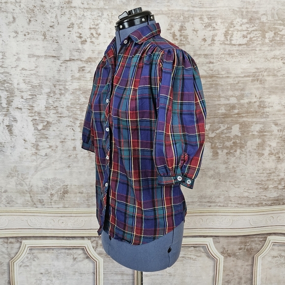 Vintage 1980s Plaid Blouse Grunge Shirt Top M Dark Academia Puff Sleeve - Picture 7 of 8